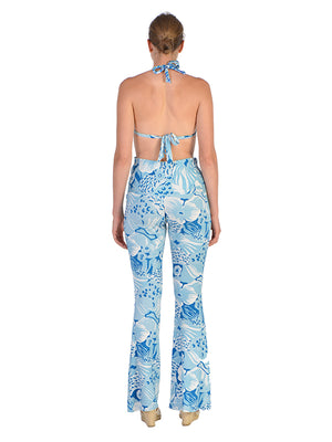 Pantalone Zampa -PROMOZIONE ! stile Capri  Garden Azzurro Jersey stampato elegante Made in Italy esclusivo lavabile i lavatrice adatto per una serata in discoteca o ad una cena tra amici