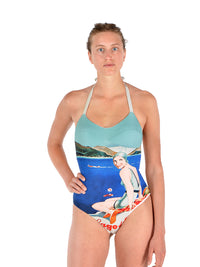 Costume Intero Lenno BI(ki)NI® - Donna Lido Promozione ! Made in Italy stampa dai poster Vintage Lago di Como Costume intero double con stampa vintage, tagliato sotto al seno. Con imbottitura a richiesta, legato dietro al collo.