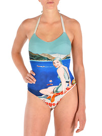 Costume Intero Lenno BI(ki)NI® - Donna Lido Promozione ! Made in Italy stampa dai poster Vintage Lago di Como Costume intero double con stampa vintage, tagliato sotto al seno. Con imbottitura a richiesta, legato dietro al collo.