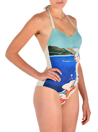 Costume Intero Lenno BI(ki)NI® - Donna Lido Promozione ! Made in Italy stampa dai poster Vintage Lago di Como Costume intero double con stampa vintage, tagliato sotto al seno. Con imbottitura a richiesta, legato dietro al collo.
