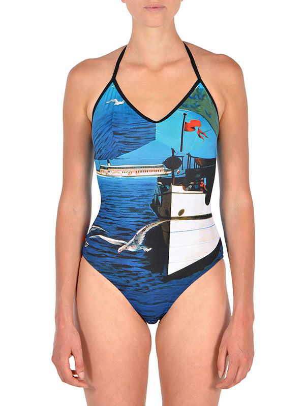 Costume Intero Cernobbio BI(ki)NI® - Gabbiani/Battello Promozione ! Made in Italy tampa dai poster Vintage Lago di Como  Reggiseno a triangolo e bordato, con imbottitura, senza spalline e legato dietro al collo.